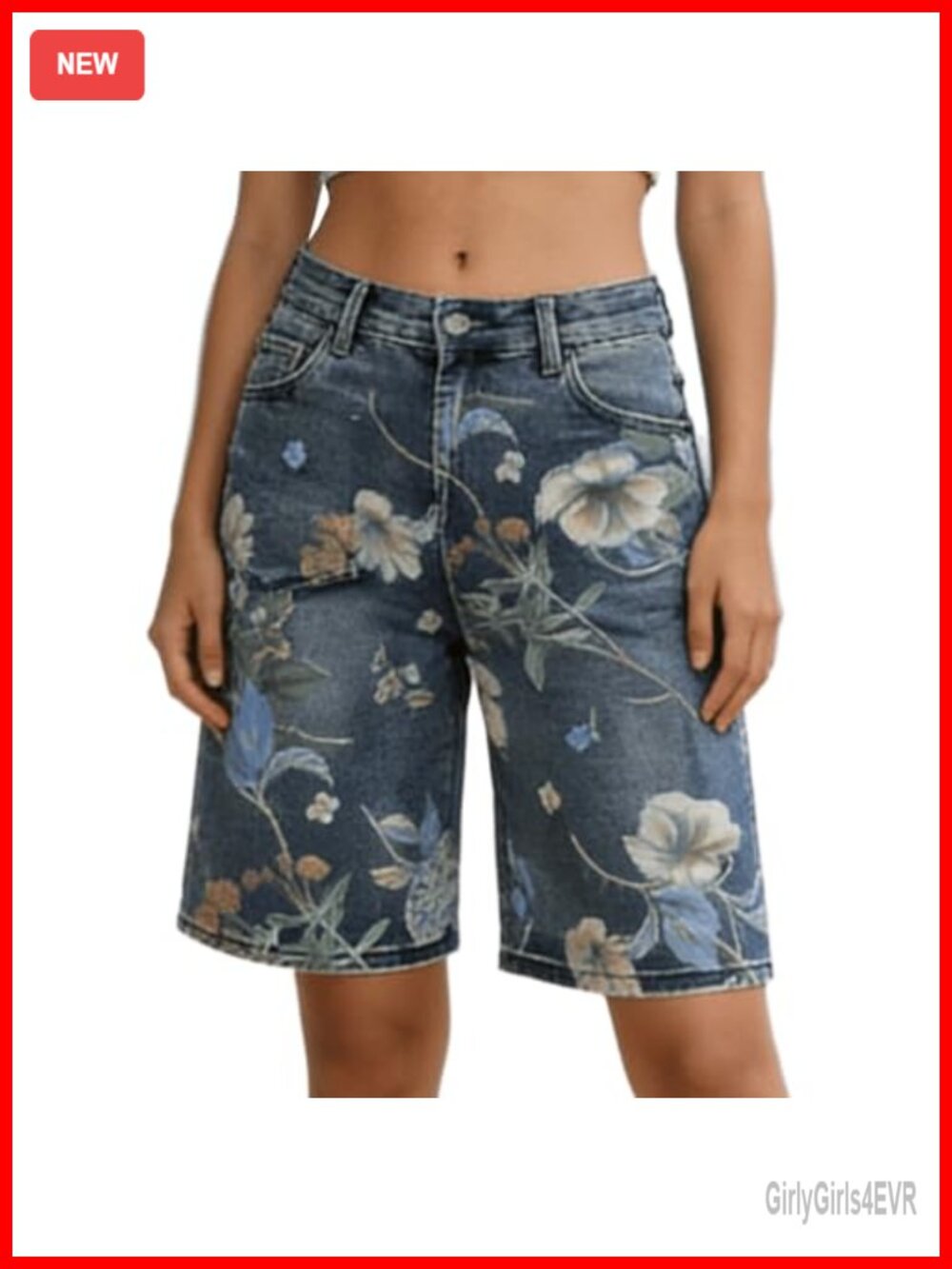 High Waist Floral Bermuda Jean Shorts for Women, Loose Straight Leg Stretchy